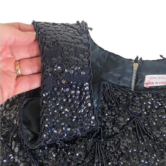 Vintage beaded black sequin blouse 50s cropped sleeveless round neck - Picture 5 of 6